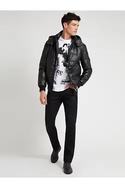 کت مشکی چرم جلو زیپ دار کلاهدار مردانه گس Guess (ساخت آمریکا)