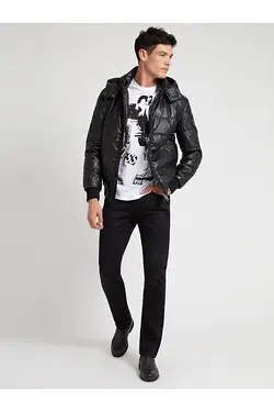 کت مشکی چرم جلو زیپ دار کلاهدار مردانه گس Guess (ساخت آمریکا)