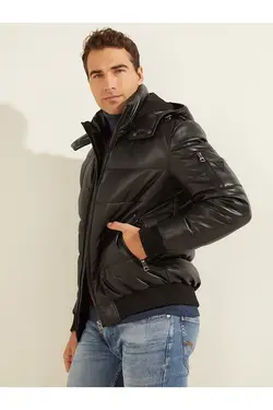 کت مشکی چرم جلو زیپ دار کلاهدار مردانه گس Guess (ساخت آمریکا)