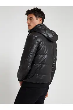 کت مشکی چرم جلو زیپ دار کلاهدار مردانه گس Guess (ساخت آمریکا)