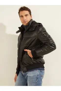 کت مشکی چرم جلو زیپ دار کلاهدار مردانه گس Guess (ساخت آمریکا)