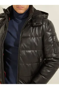 کت مشکی چرم جلو زیپ دار کلاهدار مردانه گس Guess (ساخت آمریکا)