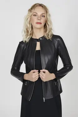 ژاکت جلو زیپ دار چرم مشکی آستین بلند زنانه دسا Desa (ساخت ترکیه)