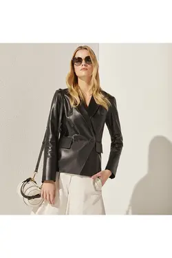 کت چرم جلو دکمه دار طرحدار آستین بلند زنانه  دسا Desa (ساخت ترکیه)