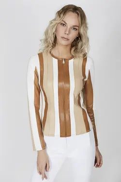 کت چرم سفید راه راه زیپ دار مدل کوتاه آستین بلند زنانه دسا Desa (ساخت ترکیه)