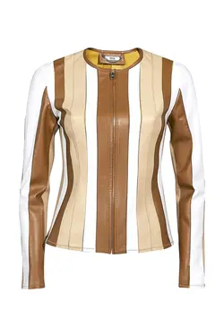 کت چرم سفید راه راه زیپ دار مدل کوتاه آستین بلند زنانه دسا Desa (ساخت ترکیه)