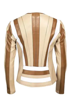 کت چرم سفید راه راه زیپ دار مدل کوتاه آستین بلند زنانه دسا Desa (ساخت ترکیه)