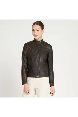 کت چرم قهوه ای زیپ دار مدل کوتاه آستین بلند زنانه دسا Desa (ساخت ترکیه)