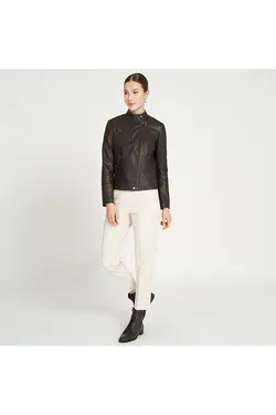 کت چرم قهوه ای زیپ دار مدل کوتاه آستین بلند زنانه دسا Desa (ساخت ترکیه)