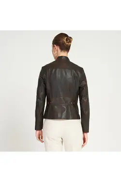 کت چرم قهوه ای زیپ دار مدل کوتاه آستین بلند زنانه دسا Desa (ساخت ترکیه)