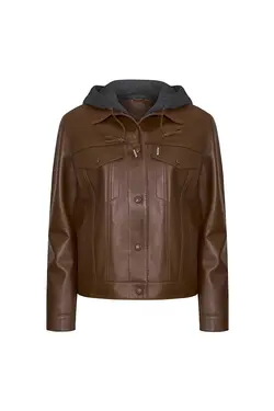 کت چرم قهوه ای کلاه دار دکمه ای مدل کوتاه آستین بلند زنانه دسا Desa (ساخت ترکیه)