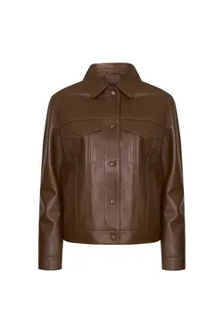 کت چرم قهوه ای کلاه دار دکمه ای مدل کوتاه آستین بلند زنانه دسا Desa (ساخت ترکیه)