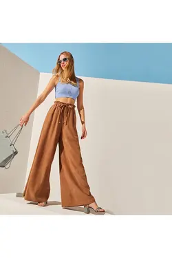 شلوار چرم قهوه ای کمرکش کمربنددار مدل گشاد زنانه دسا Desa (ساخت ترکیه)
