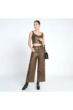 شلوار چرم قهوه ای جیب دار مدل گشاد زنانه دسا Desa (ساخت ترکیه)