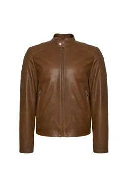 کت چرم قهوه ای طرح ساده جیب دار مدل کوتاه آستین بلند مردانه دسا Desa (ساخت ترکیه)