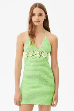 پیراهن مینی قلاب بافی سبز بنددار مدل کوتاه زنانه برشکا Bershka (ساخت اسپانیا)