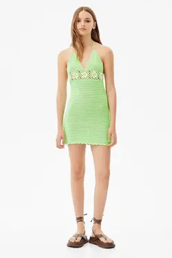 پیراهن مینی قلاب بافی سبز بنددار مدل کوتاه زنانه برشکا Bershka (ساخت اسپانیا)