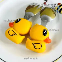 🦆 قاشق چنگال کودک دسته سیلیکونی طرح اردک | ندهوم