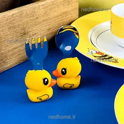 🦆 قاشق چنگال کودک دسته سیلیکونی طرح اردک | ندهوم