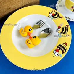 🦆 قاشق چنگال کودک دسته سیلیکونی طرح اردک | ندهوم