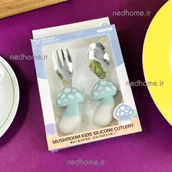🍄 قاشق چنگال کودک دسته سیلیکونی طرح قارچ سبز | ندهوم
