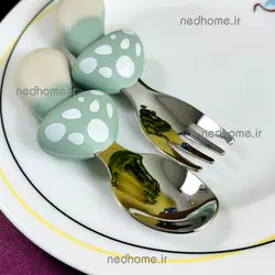 🍄 قاشق چنگال کودک دسته سیلیکونی طرح قارچ سبز | ندهوم
