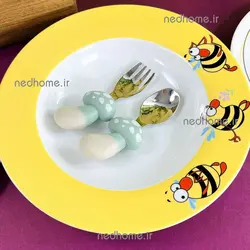 🍄 قاشق چنگال کودک دسته سیلیکونی طرح قارچ سبز | ندهوم