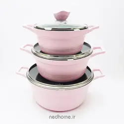 سرویس قابلمه چدن گرانیت 18 پارچه صورتی یونیک