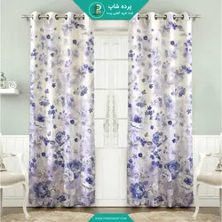 پرده پانچی چاپی طرح گل آبی + یک پنل حریر پانچی رایگان - پرده شاپ