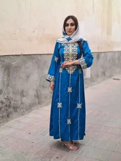 لباس مجلسی آبی کاربنی بلند با شال ml117