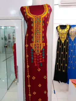 لباس بلوچی نخی منگوله‌دار رنگ زیتونی ml135