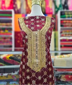 لباس حریر کارشده عربی مدل نواردوزی به رنگ زرشکیml148