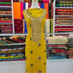 لباس حریر کارشده عربی مدل نواردوزی زرد رنگml127