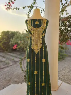 کندوره حریر پرکار سبز رنگ با طرح گل شش پر ml159