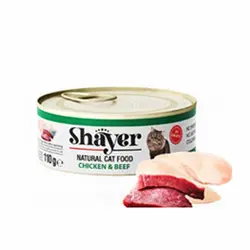 کنسرو مخصوص گربه بالغ حاوی فیله مرغ و ران گوساله110gr shayer