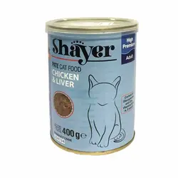 کنسرو مخصوص گربه بالغ حاوی گوشت مرغ و جگر 400gr Shayer