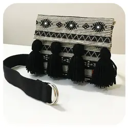 کیف دست دوز مدل شلیته (با کمربند) - سفیدمشکی