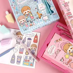 ست استیکر دفترچه ای، کاتر مدادی و پنس طرح دختر