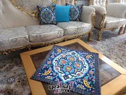 کوسن طرح سنتی کاشی مخمل رنگ آبی فیروزه ای کد:  63 - 601