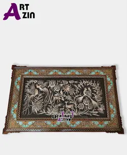 تابلو بزرگ دیواری قلم زنی اصفهان خاتم طرح گل و مرغ - کد : ۱۶۶۴