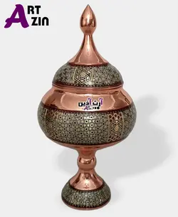 قندان پایه دار بزرگ خاتم کاری مسی اصفهان ممتاز - کد : ۱۴۰۷