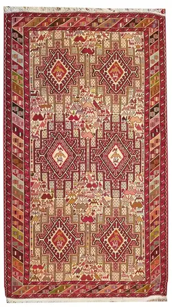 گلیم دستباف سوزنی دو و نیم متری قالیچه کف ابریشم نقشه شاملو ذهنی بافت کد: 458 - گروه هنری آرت آذین