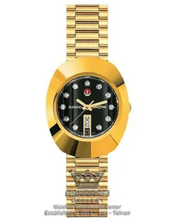 فروش ساعت رادو تخم مرغی تمام طلایی با صفحه مشکی و اندکس نگین Rado Diastar R124B