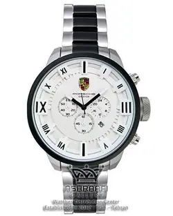 ساعت تمام فلزی پوشه دیزاین با رنگ مشکی، نقره ای و صفحه سفید Porsche JP-24056BS4