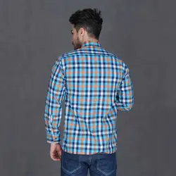 پیراهن چهارخانه درشت آستین بلند آبی نارنجی بچه گانه تیدا Tida