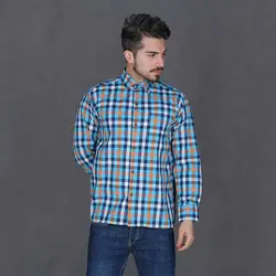 پیراهن چهارخانه درشت آستین بلند آبی نارنجی بچه گانه تیدا Tida