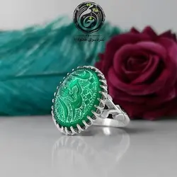 انگشتر خطی عقیق سبز یا حیدر با رکاب نقره هزار چنگ