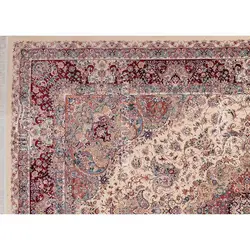 فرش ماشینی ابریشم بافت مشهد اردهال کد ب30 زمینه موزی حاشیه ارغوانی