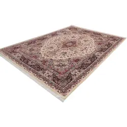 فرش ماشینی ابریشم بافت مشهد اردهال کد ب30 زمینه موزی حاشیه ارغوانی