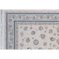 فرش ماشینی 1500 شانه کلکسیون فرشینه طرح کاملیا زمینه بژ گل برجسته